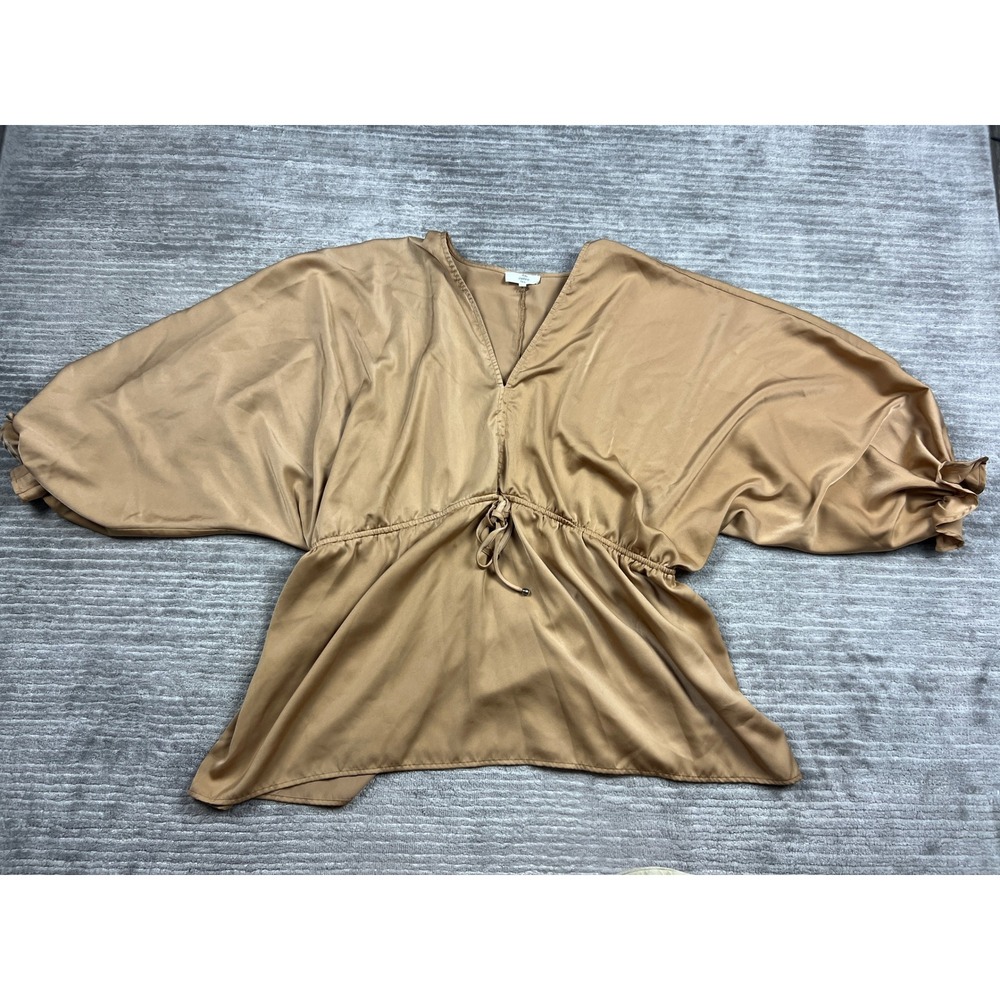 Entro Top Womens XL Tan Satin V-Neck Dolman Ruffle Sleeve Drawstring Blouse